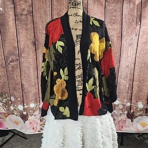 Chico’s Design black & floral appliqué embroidered & beaded rayon & silk KIMONO
